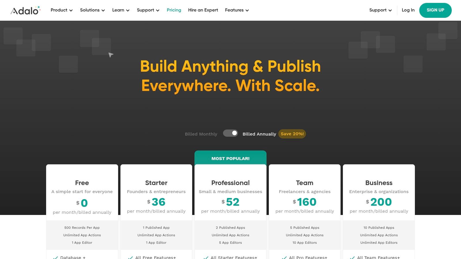 Adalo pricing plans and features