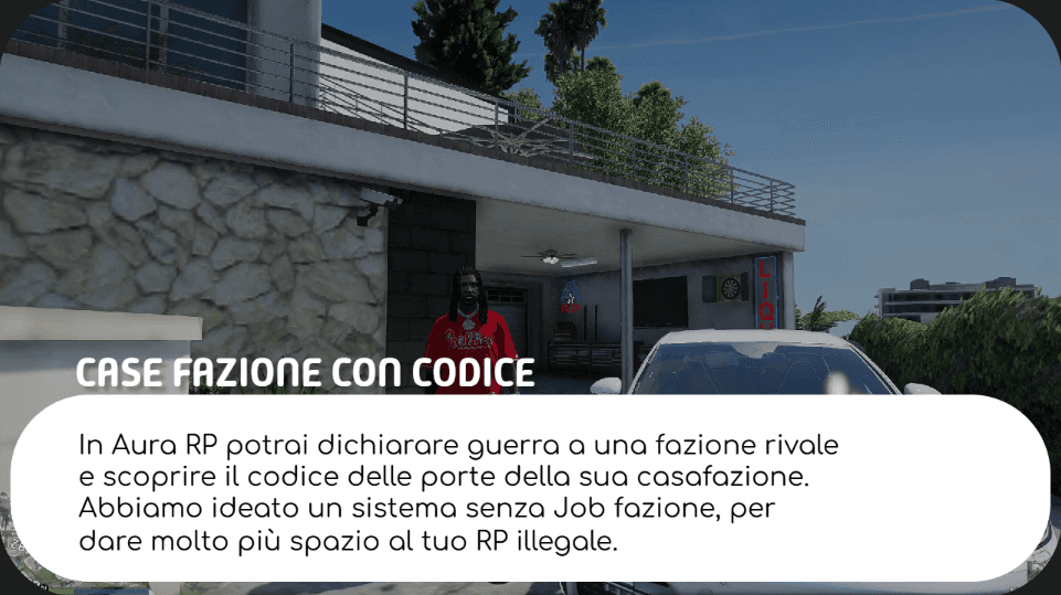 Un personaggio di FiveM affianco a un auto sportiva. In background una villa