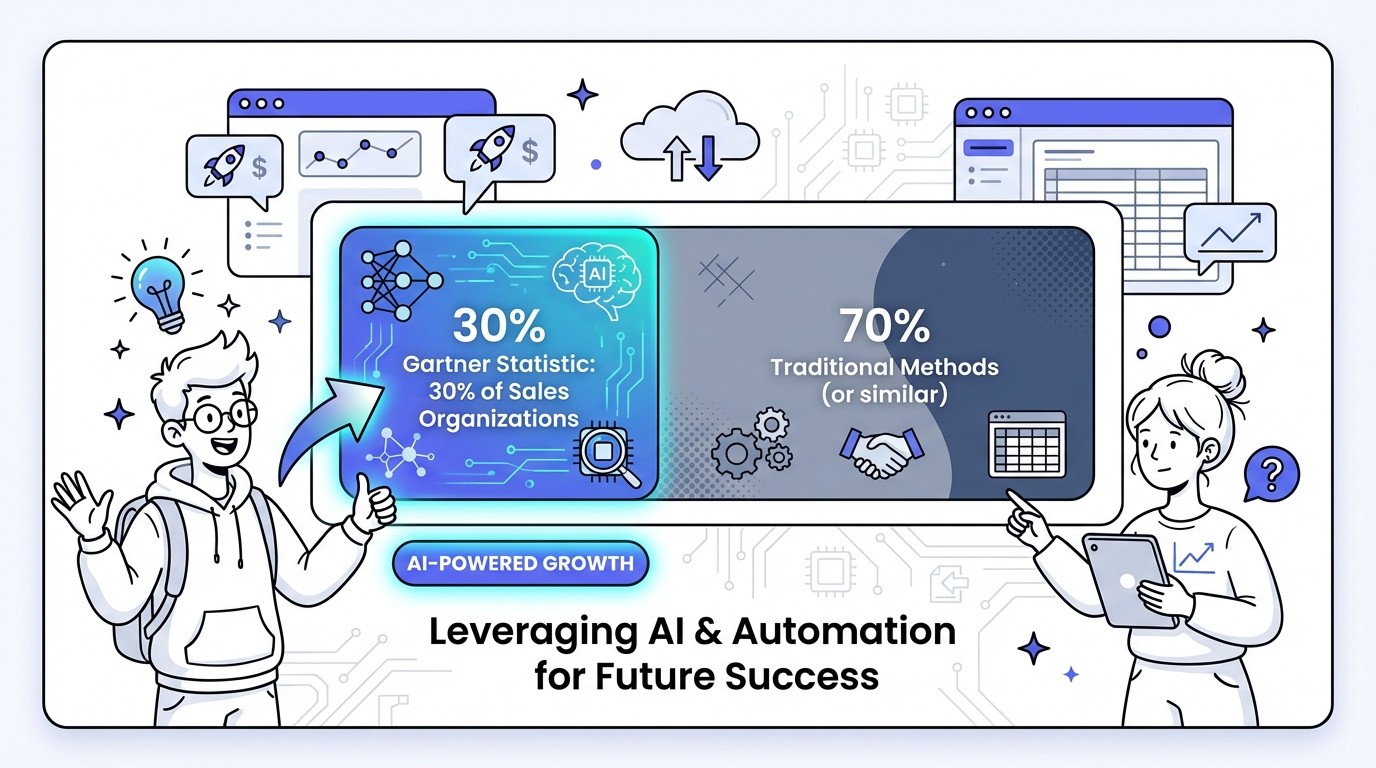 A modern infographic showing a horizontal bar chart. The chart highlights a 30% segment in glowing electric blue, representing sales organizations leveraging AI and automation, against a 70% segment. Text reads 'Gartner Statistic: 30% of Sales Organizations Leveraging AI & Automation'.