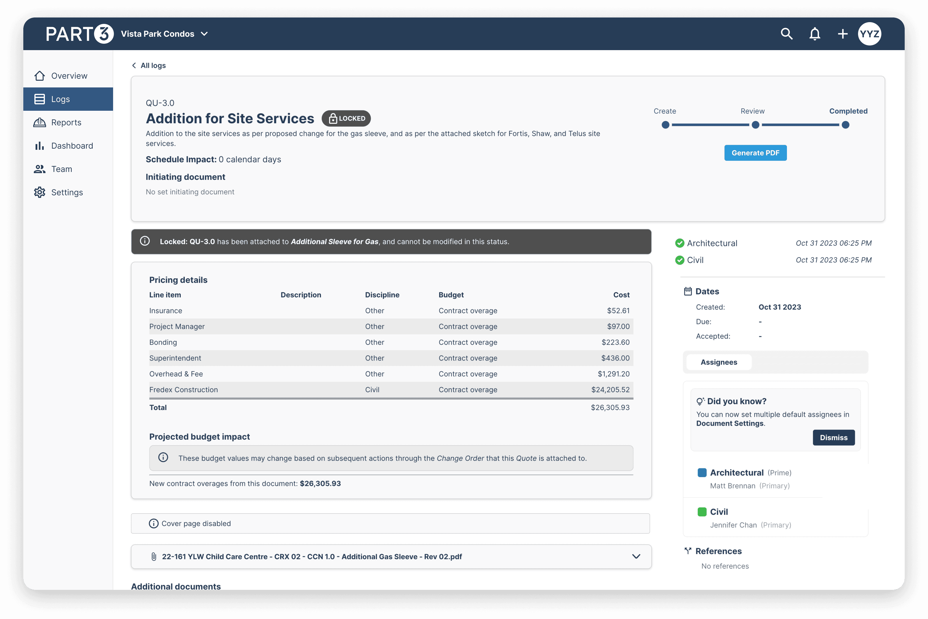Centralized cost management screen showing quotes and pay apps in Part3
