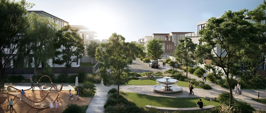 Artistic rendering of "Wadeem," a city park designed by Modon, featuring lush greenery amid urban architecture.