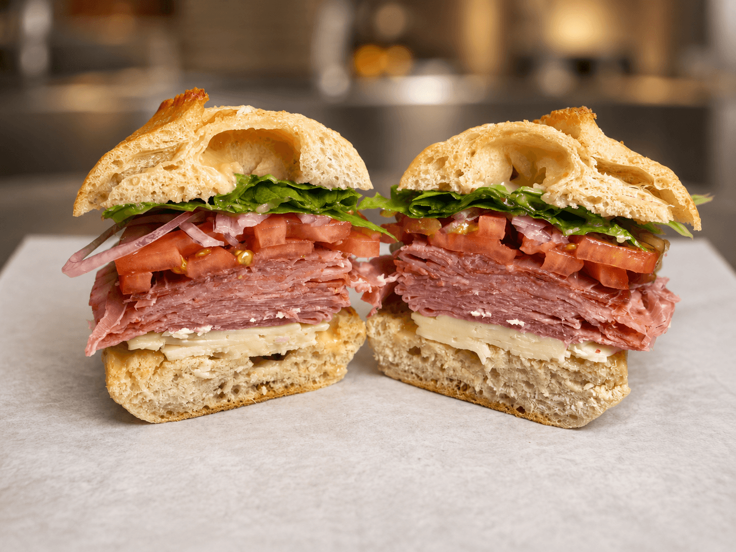 A stacked Italian deli sandwich cut in half — layered meats, cheese, lettuce, tomato and onion on a crusty roll