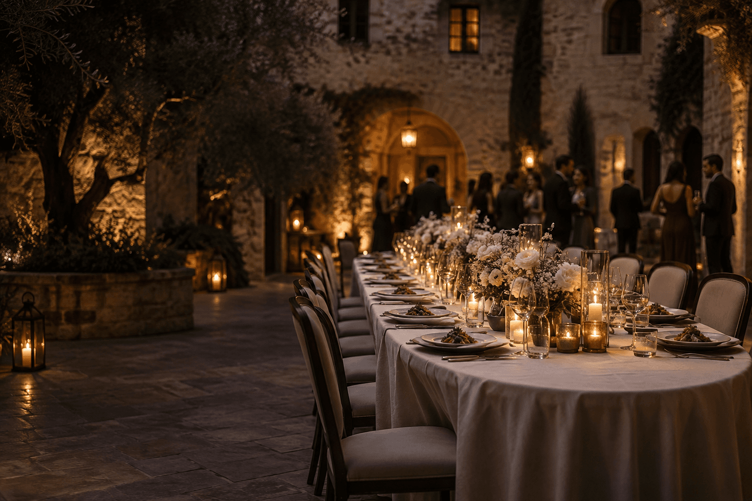 Candlelit courtyard gathering