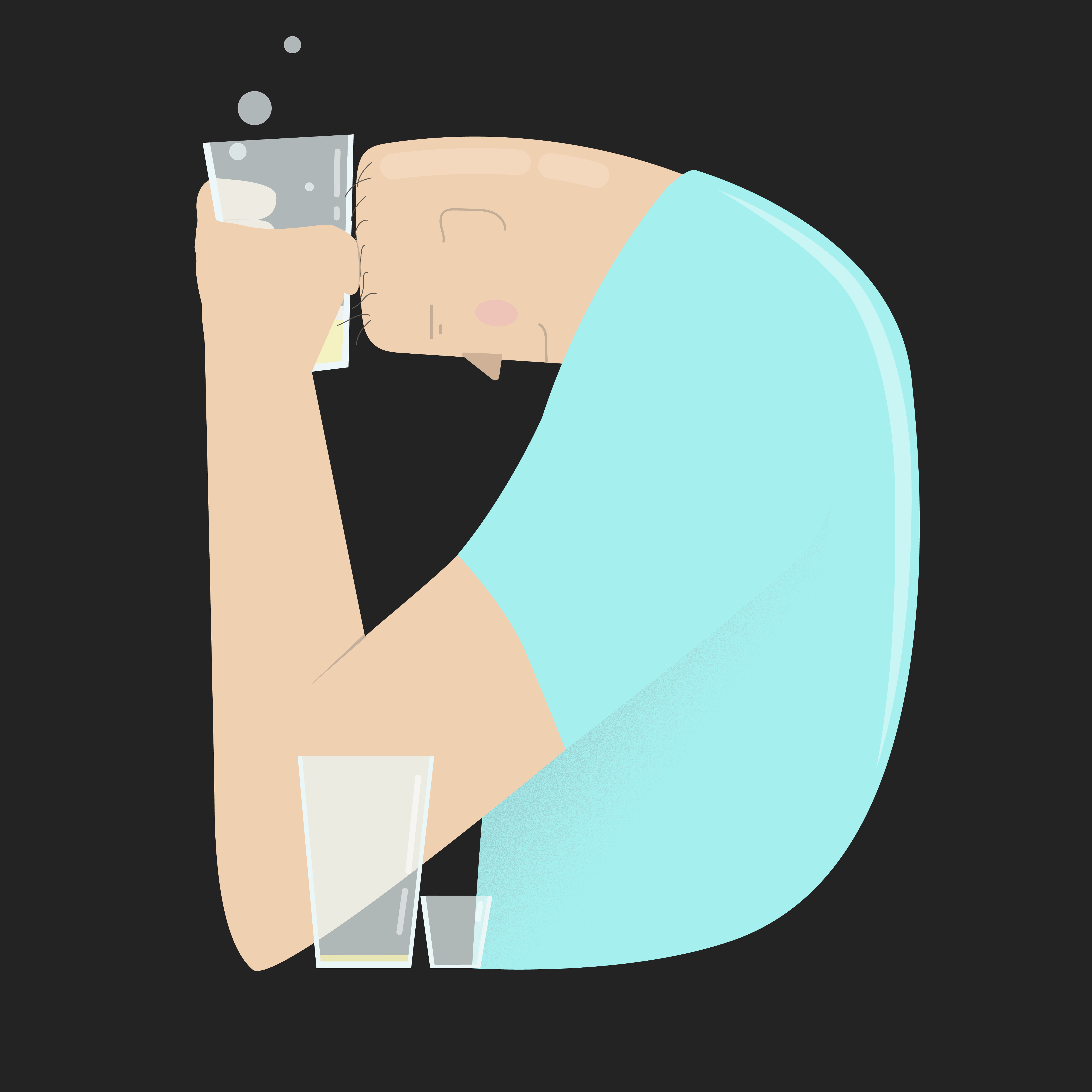 Man with light blue shirt resting his forehead on a hand holding a glass with bubbles