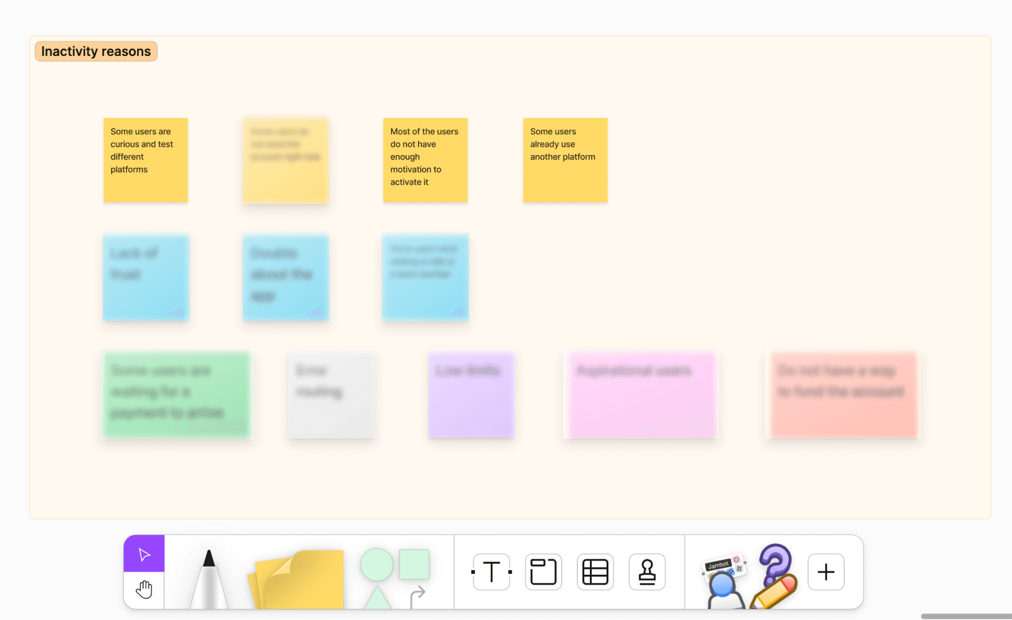 Screenshot of a FigJam board displaying post-its with users' inactivity reasons from interviews, with some blurred for sensitive information.