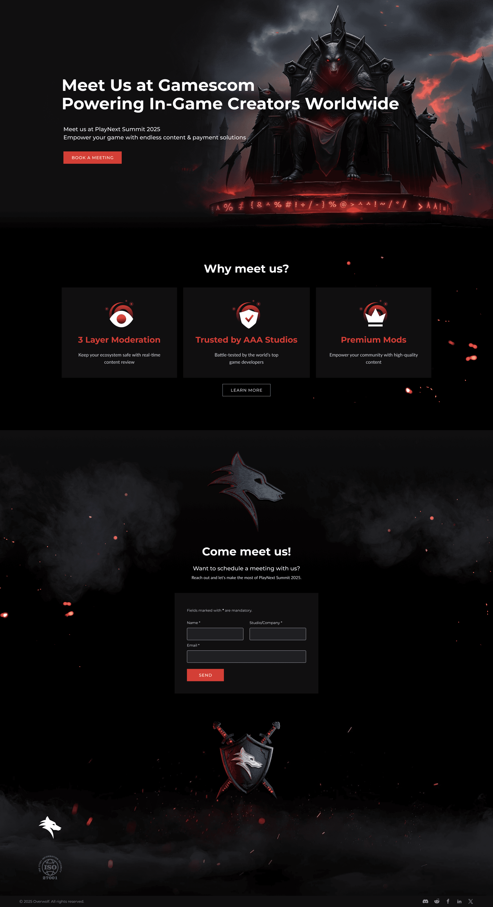 Dark mode gaming landing page with fantasy character artwork, esports branding, and Gamescom promotional content.
