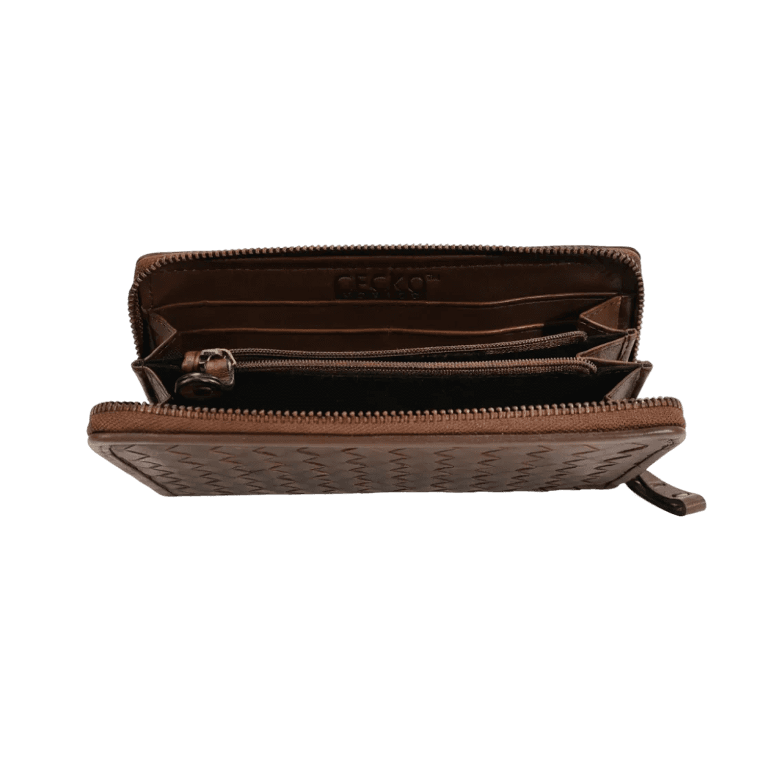 Brown wallet with open design on a white background