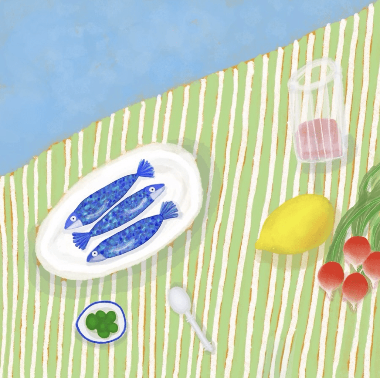 Colorful painting of a fish dinner spread on a striped tablecloth