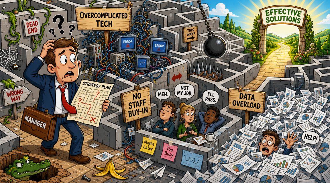 A confused manager trying to navigate a complex maze filled with workplace obstacles and inefficiencies.