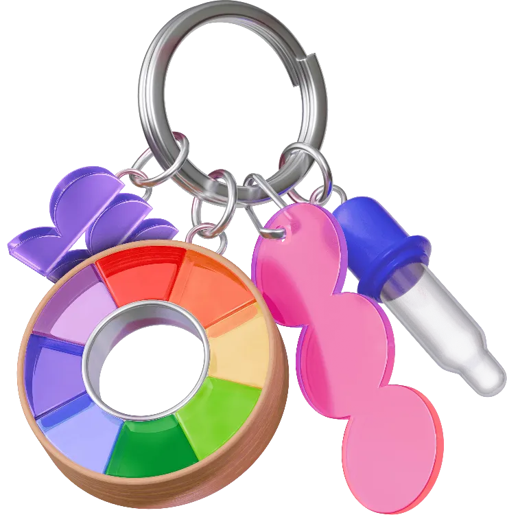 A colorful keychain with a rainbow color wheel, pink shapes, and a dropper bottle charm.