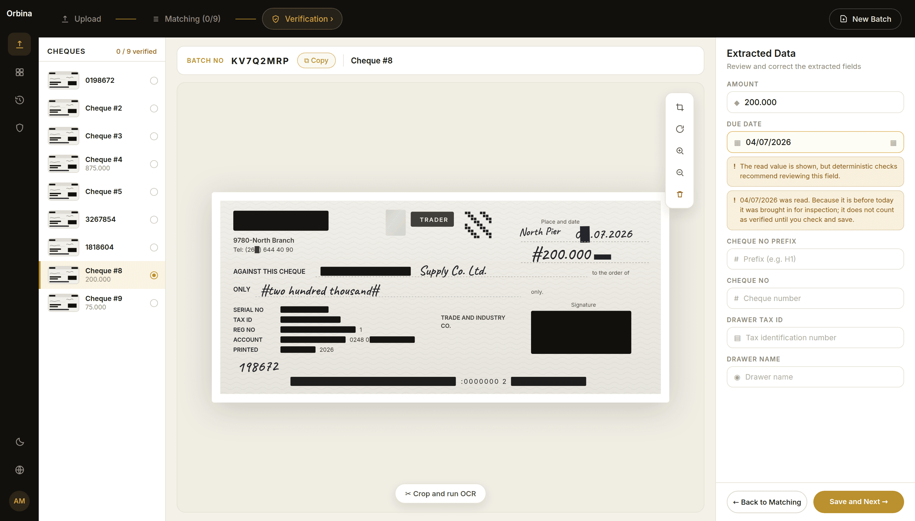 Fields read from the cheque scan