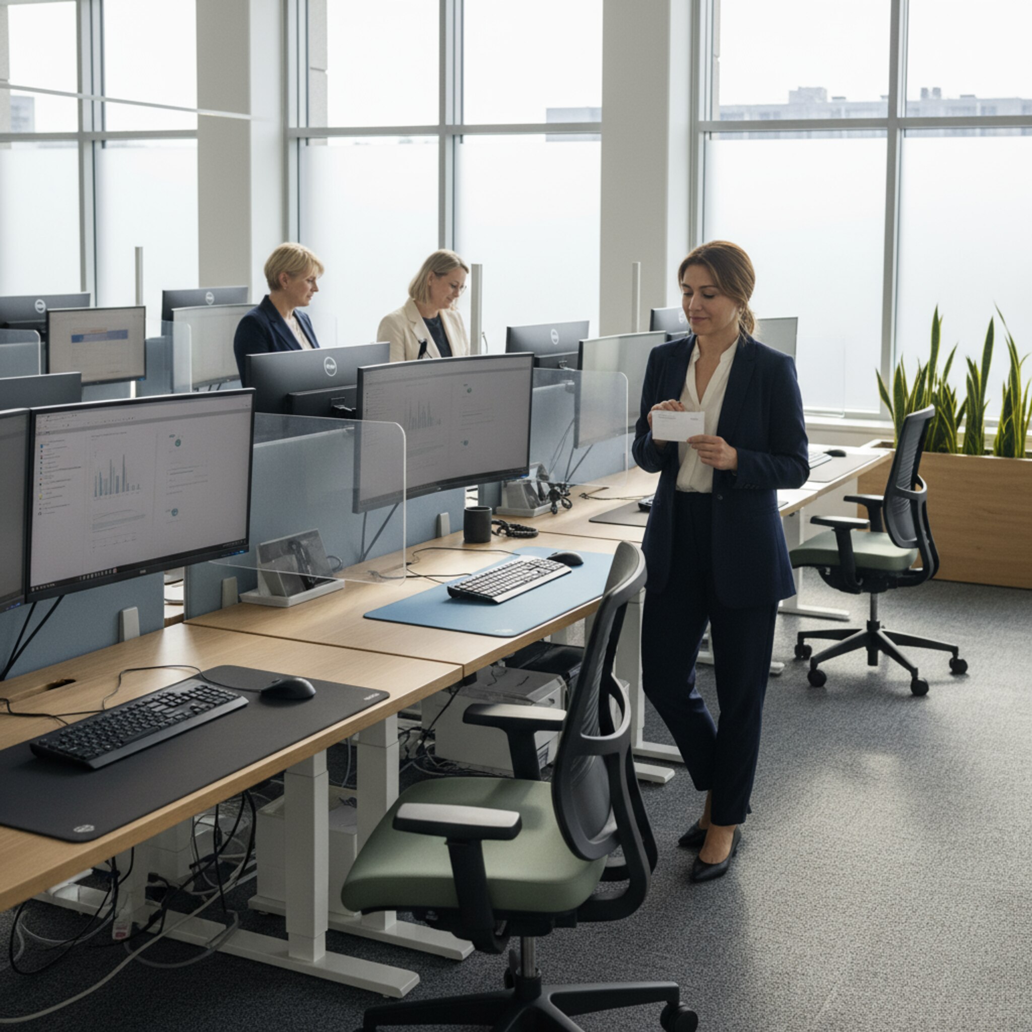 Ein Arbeitsbereich mit klaren Linien zeigt nebeneinander ergonomische Schreibtische und Plätze mit besonderen Auflagen. Dezente Farbakzente kennzeichnen unterschiedliche Setups. Ein Kollege prüft eine kleine Inventarkarte am Platz und nickt zufrieden. Das Licht ist ruhig, die Fläche wirkt geordnet und professionell.