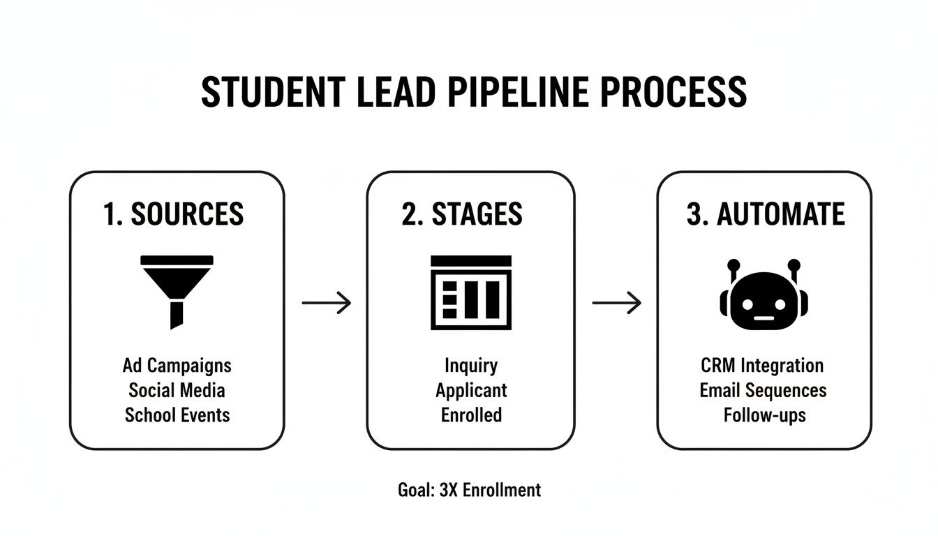 Diagram illustrating the student lead pipeline process, detailing sources, stages, and automation for enrollment growth.