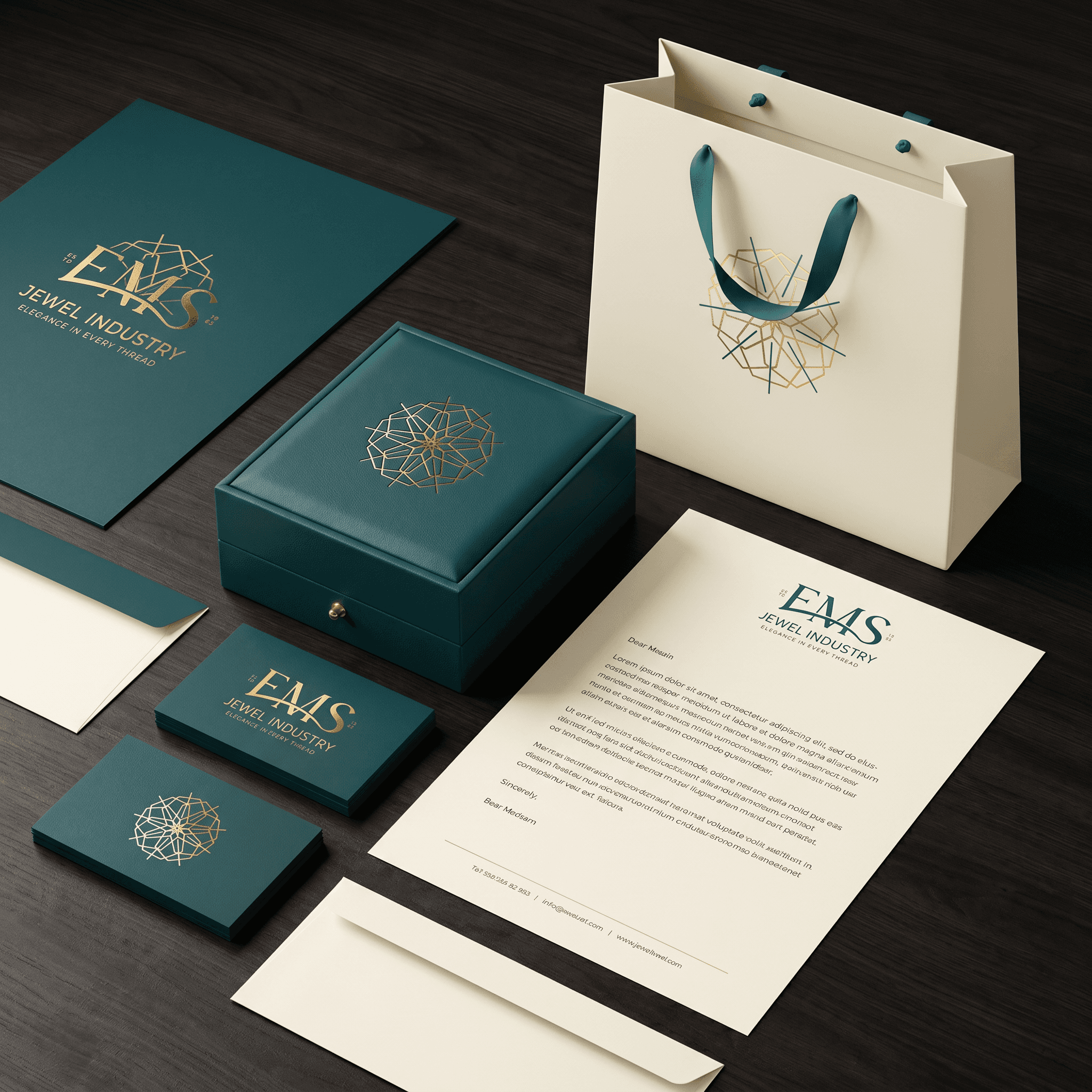 EMS Jewellers premium packaging suite with shopping bag, jewellery box and stationery