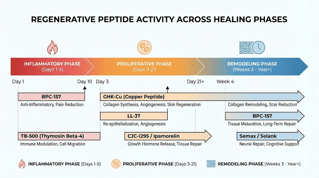 Regenerative peptide timeline showing healing phases and peak peptide activity