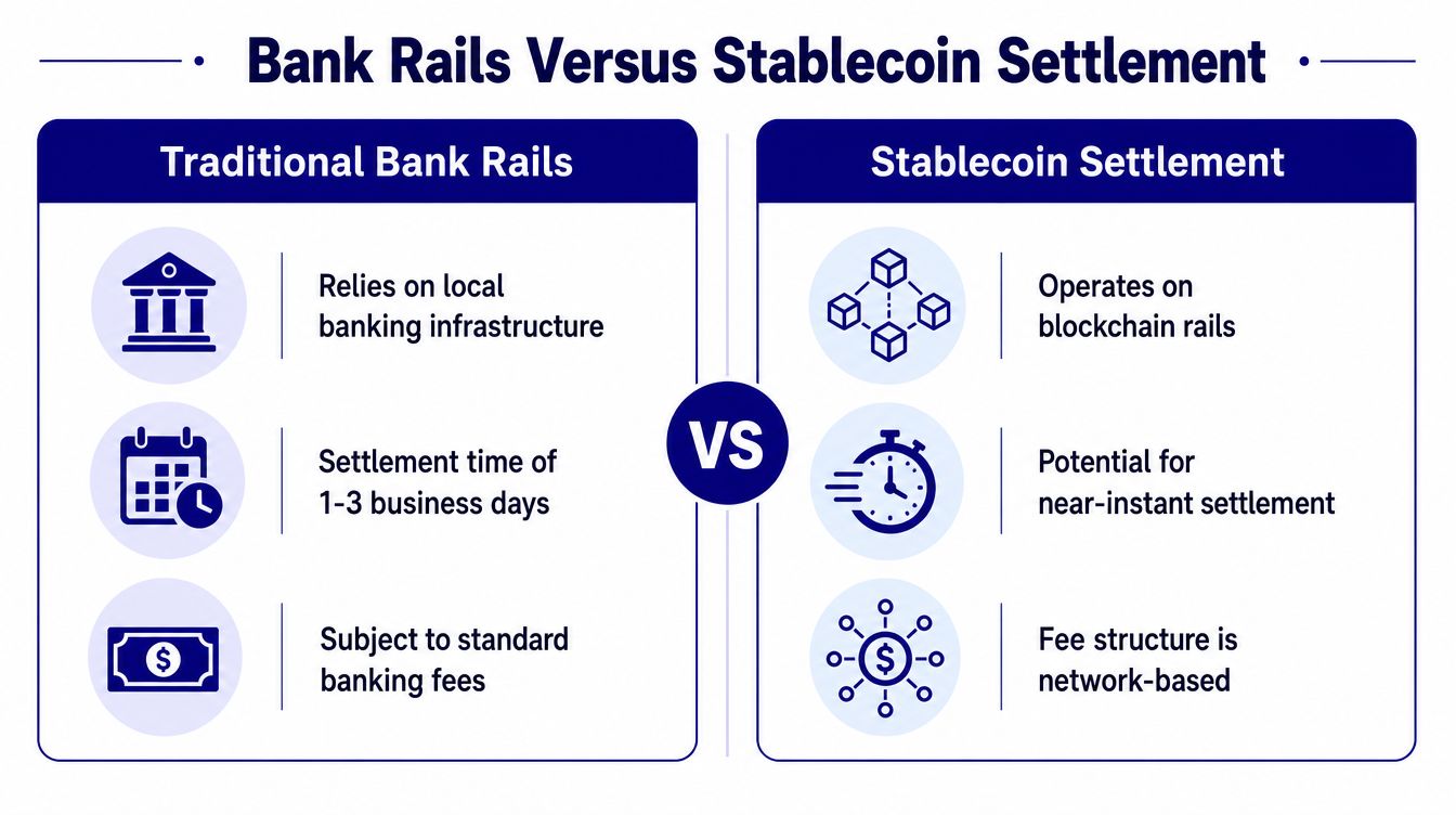 A comparison chart highlighting the differences between traditional bank rails and stablecoin settlement systems for financial transactions.