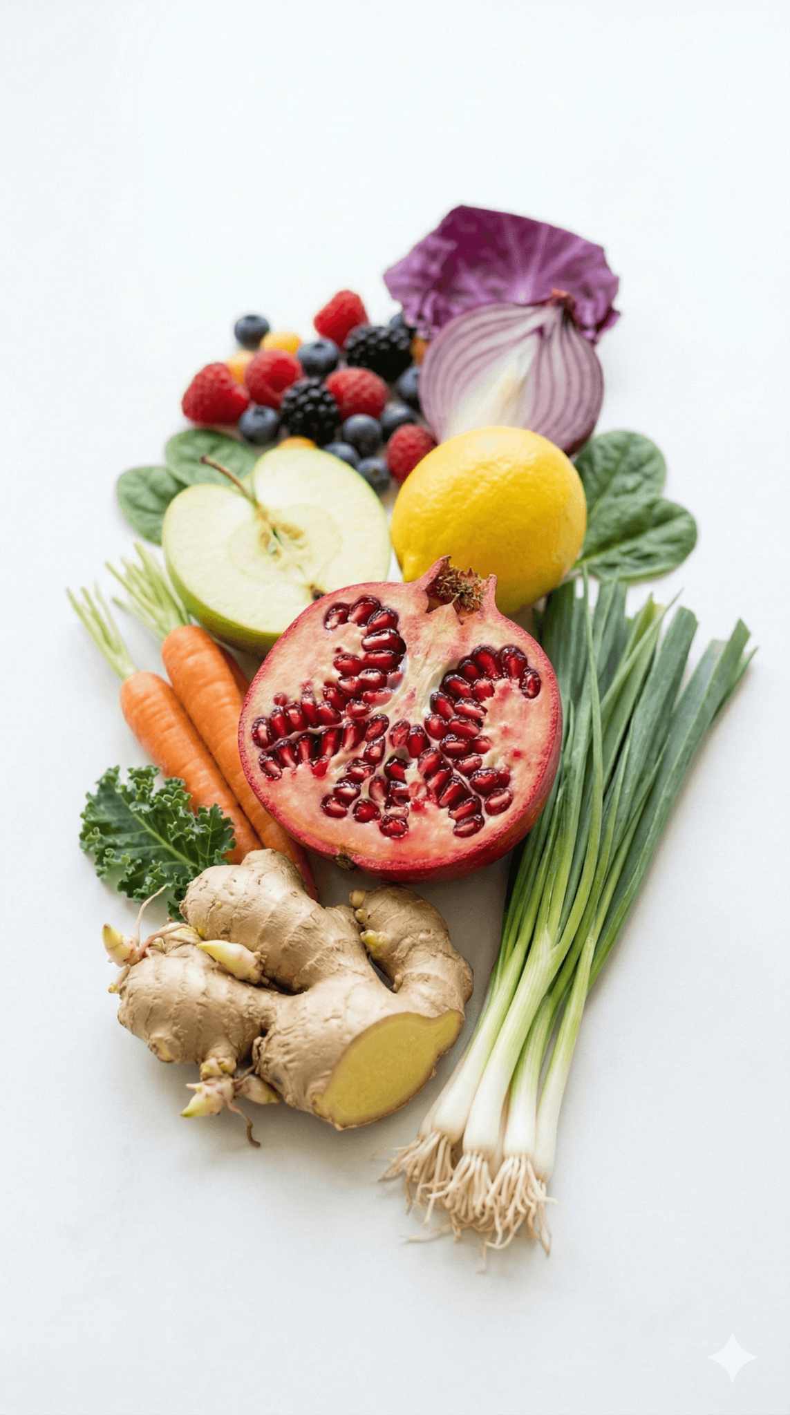 Une sélection vibrante et variée de fruits, légumes et fibres, illustrant la biodiversité alimentaire nécessaire pour soutenir l'écosystème du microbiote intestinal (symbiose).