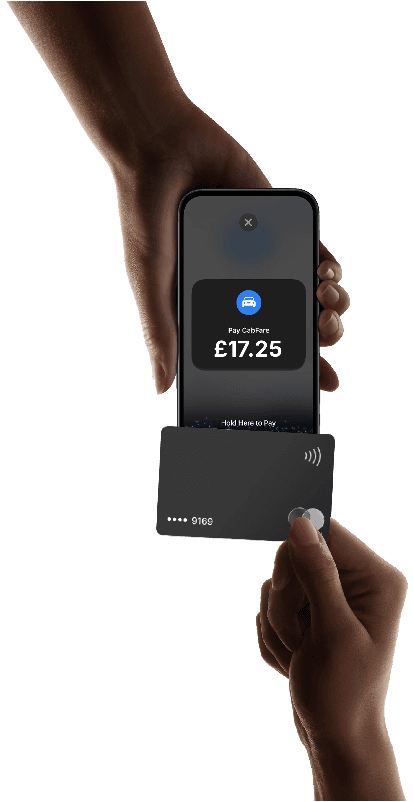 Two hands making a contactless payment. One hand holds a card reader, the other a smartphone displaying a $17.25 payment confirmation.