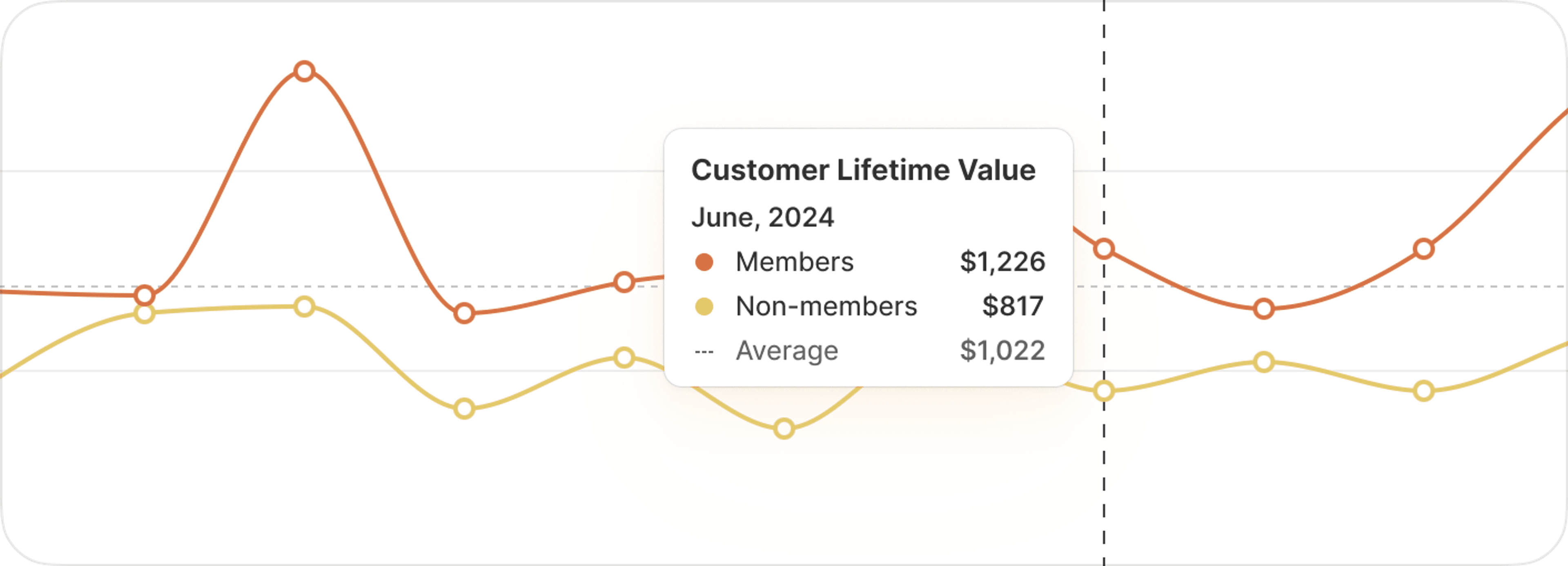 A line graph demonstrating the new Analytics feature showing a Customer Lifetime Value for Members, Non-Members, and Average customers