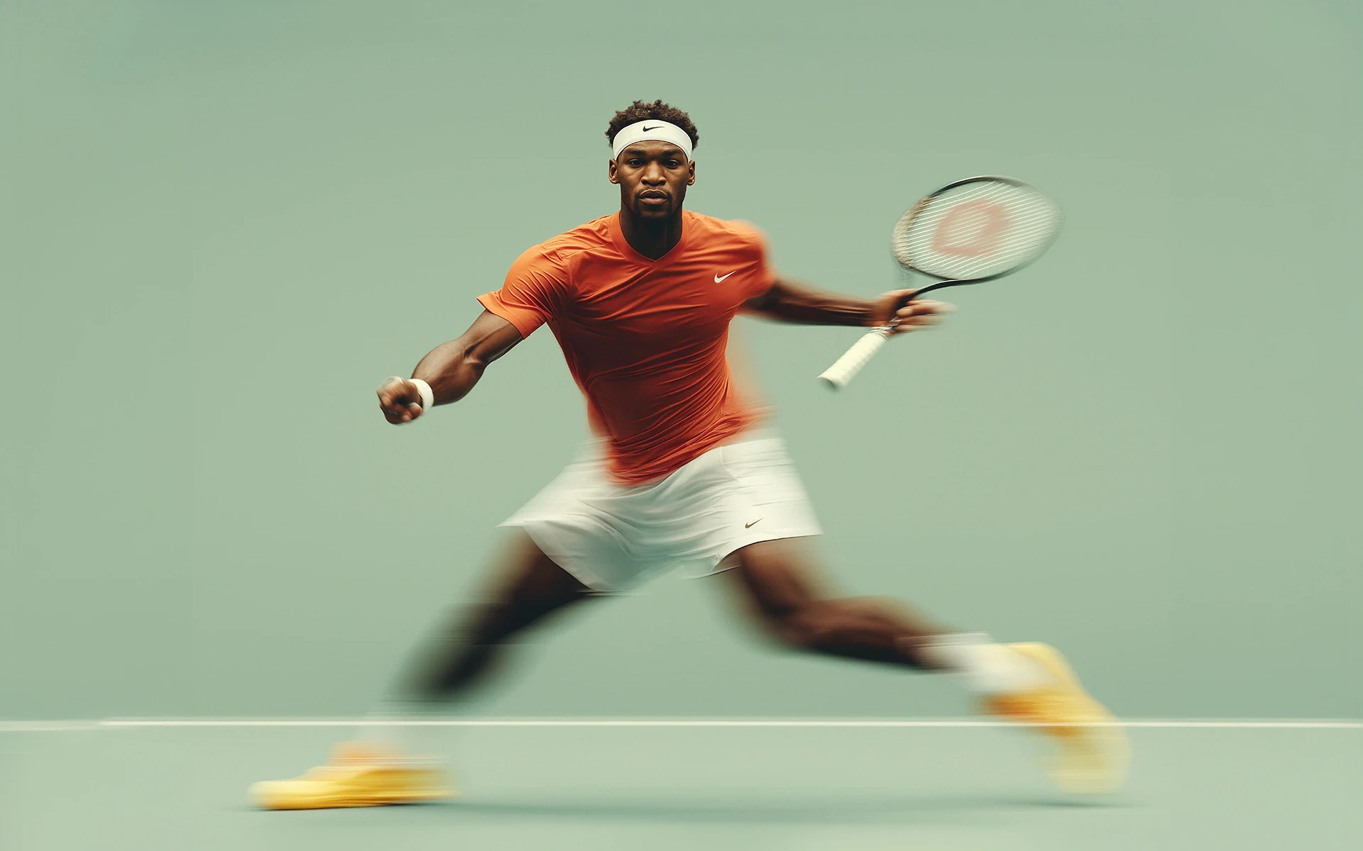 Tennis player in motion, orange shirt, white shorts, blurred effect for speed.
