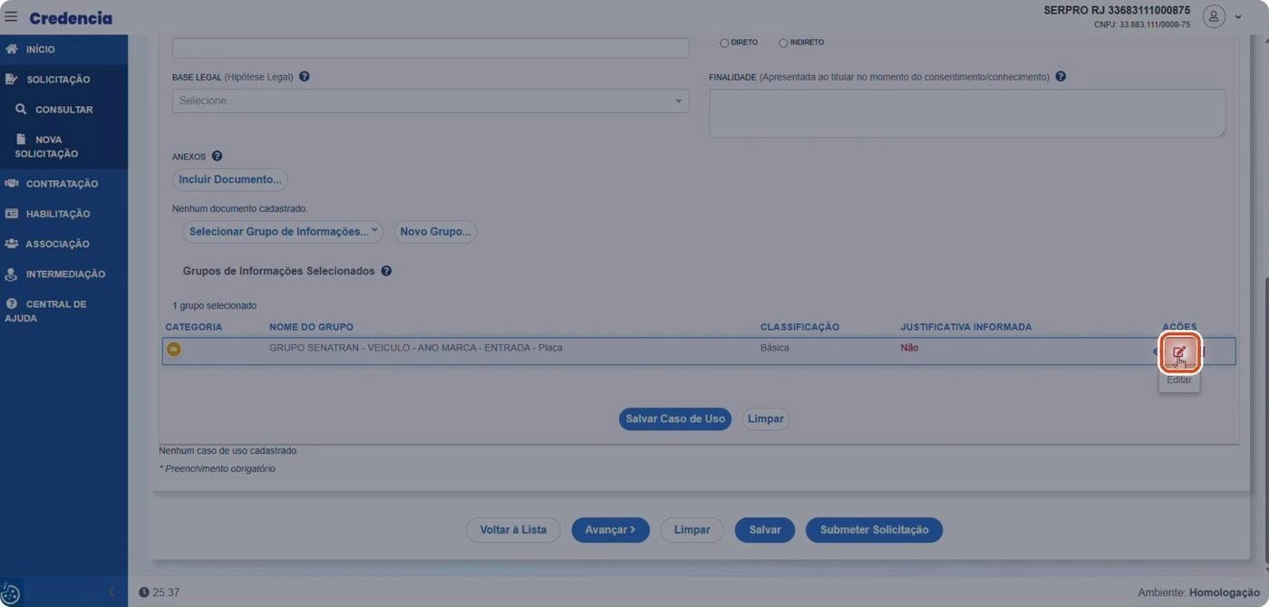 Captura de tela de referência do Credencia para Passo 1 — Abrir a edição do grupo. Contexto: 15 — Editar Grupo de Informações.