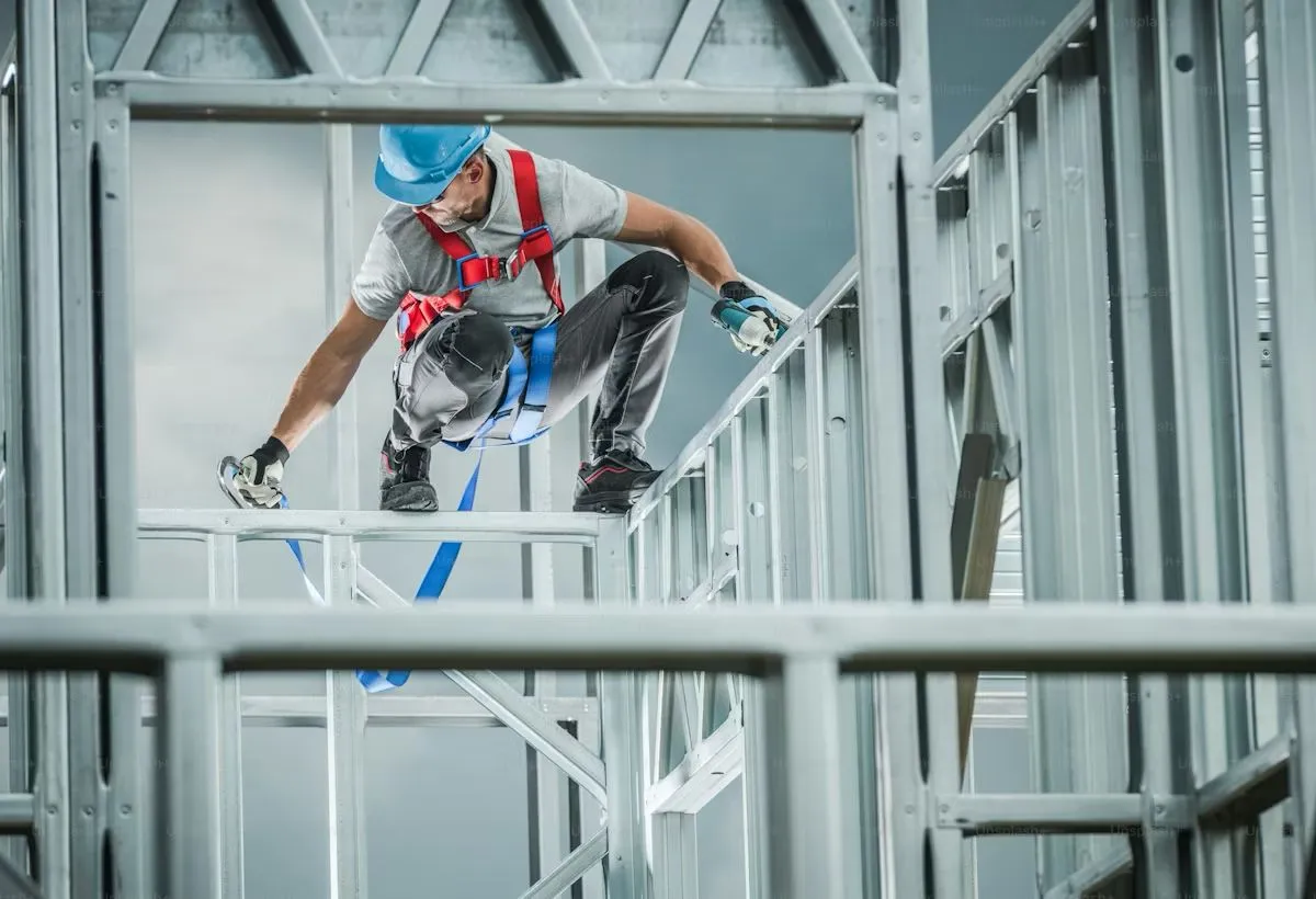 On-site structural steel frame installation with secured connections and safety-compliant assembly
