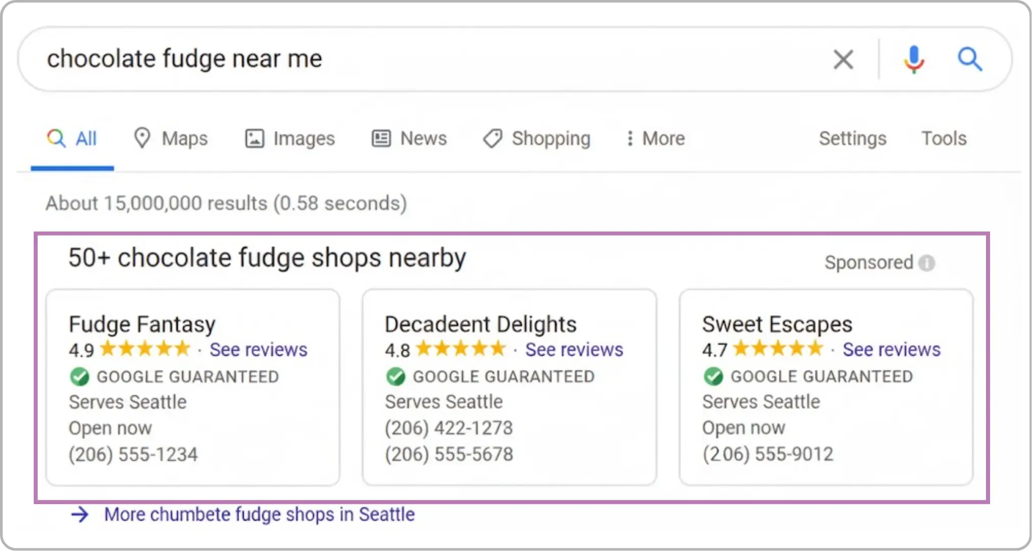 Local business ads for chocolate fudge shops in Seattle