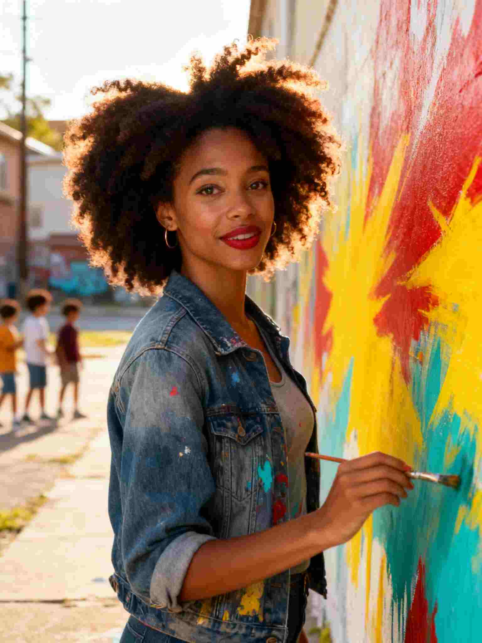 Black woman painting mural outdoors, vibrant colors, Luma AI Dream Machine look.