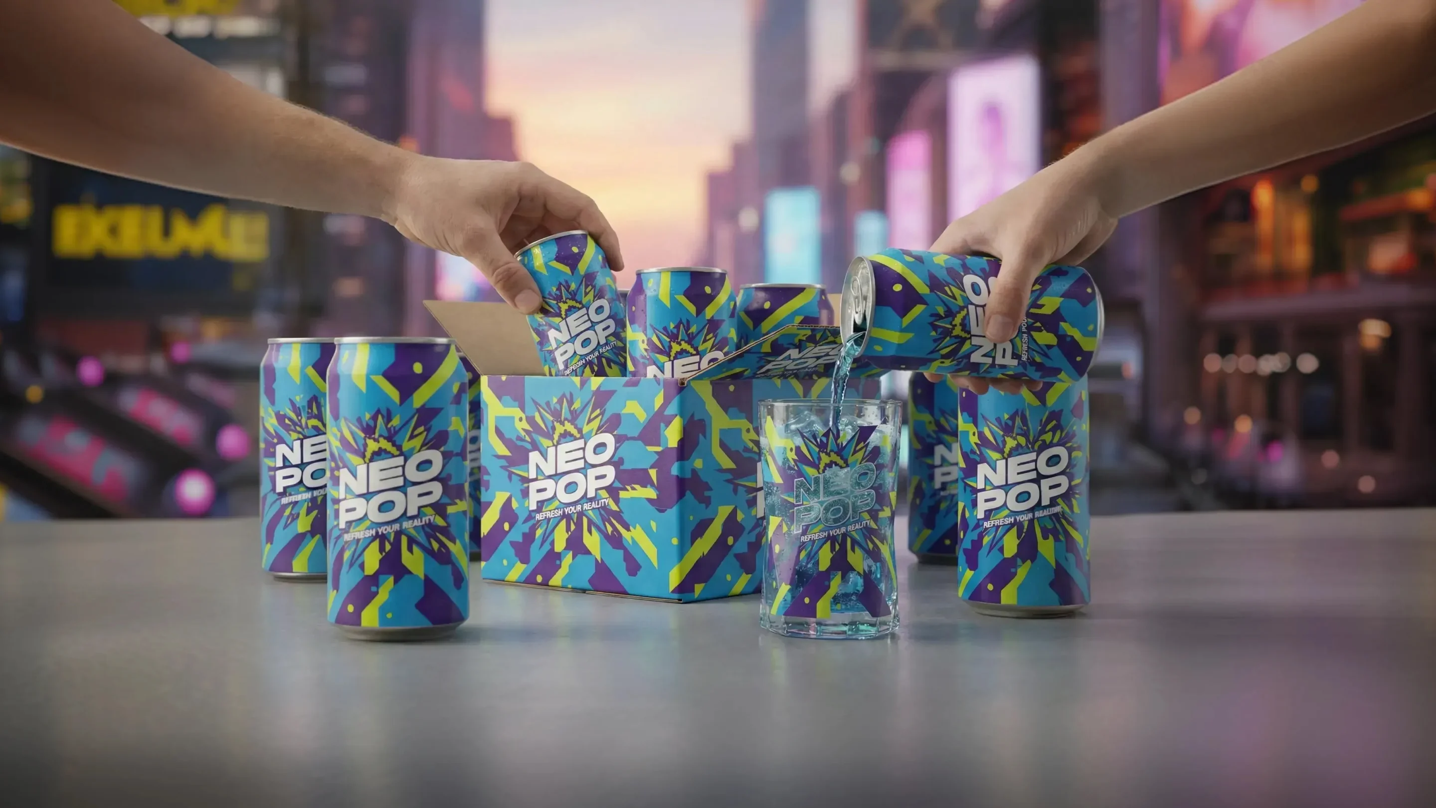 Close-up of hands pouring and selecting Neo Pop cans from a branded box against a blurred neon-lit city background.