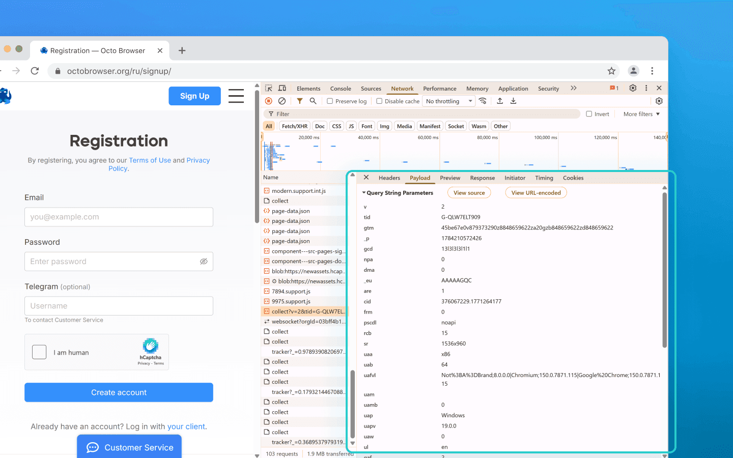 The browser continuously collects behavioral patterns (scrolling, clicks, hardware data) and packages them into an encrypted payload, including data sent to search engine servers