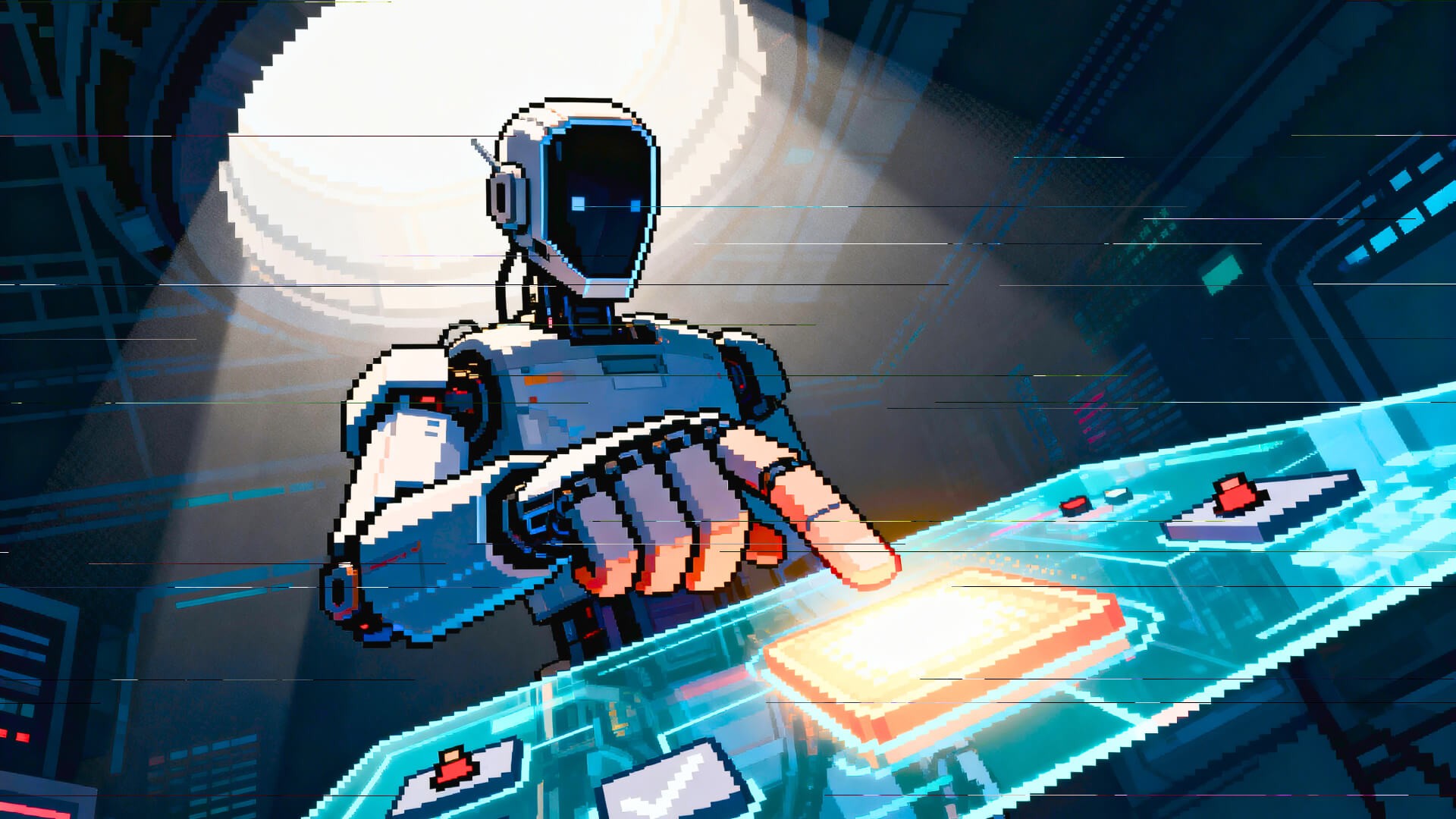 Pixel-art illustration of a faceless robotic agent viewed from a low, wide-angle perspective, reaching toward a glowing holographic control surface with multiple action tiles, one highlighted as the robot prepares to select it.