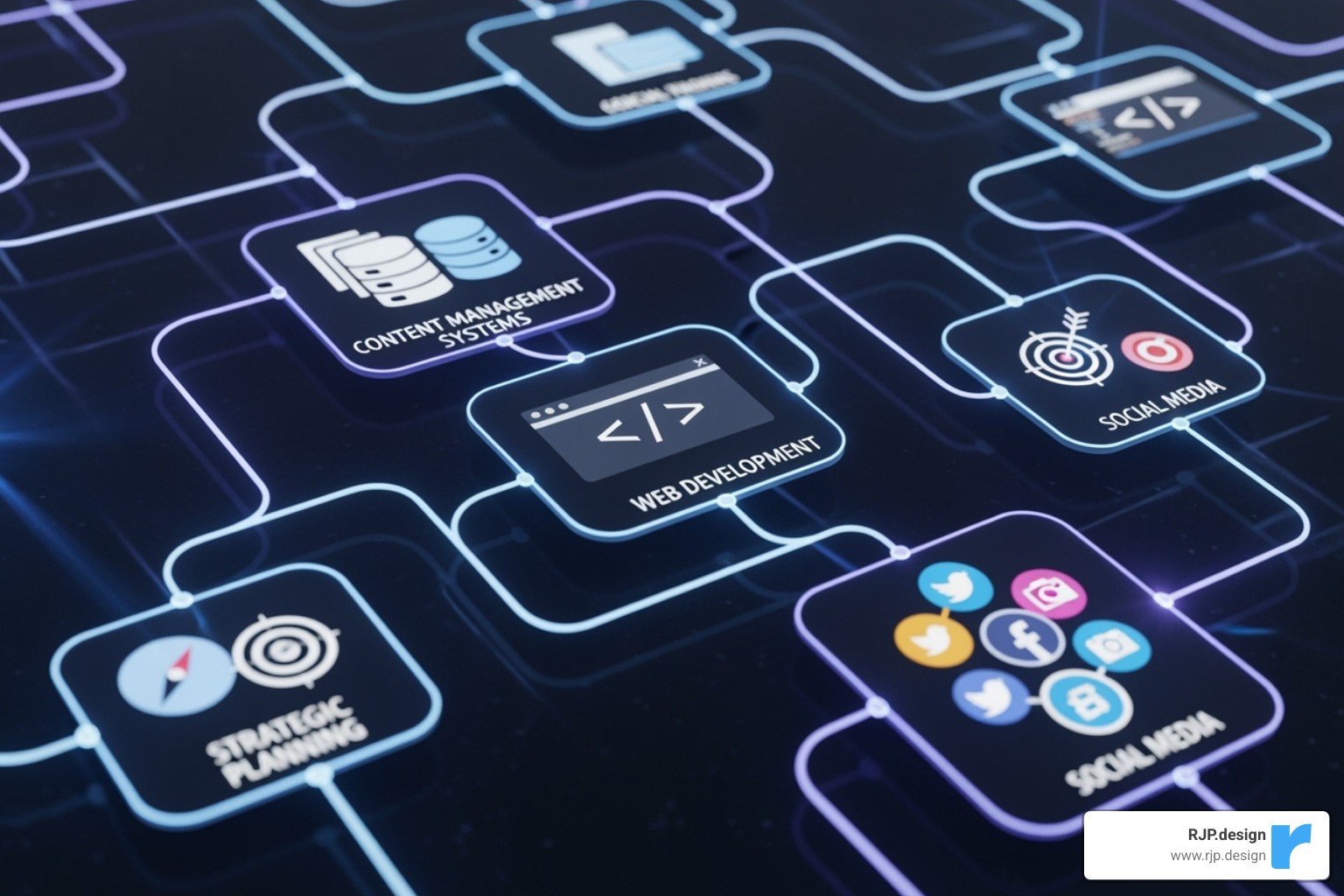 interconnected components of a new media strategy (CMS, Web Dev, Strategy, Social) - new media solutions
