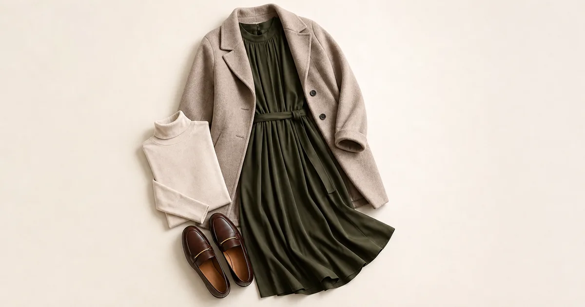 Outdoor wedding guest outfit with a coat over a midi dress