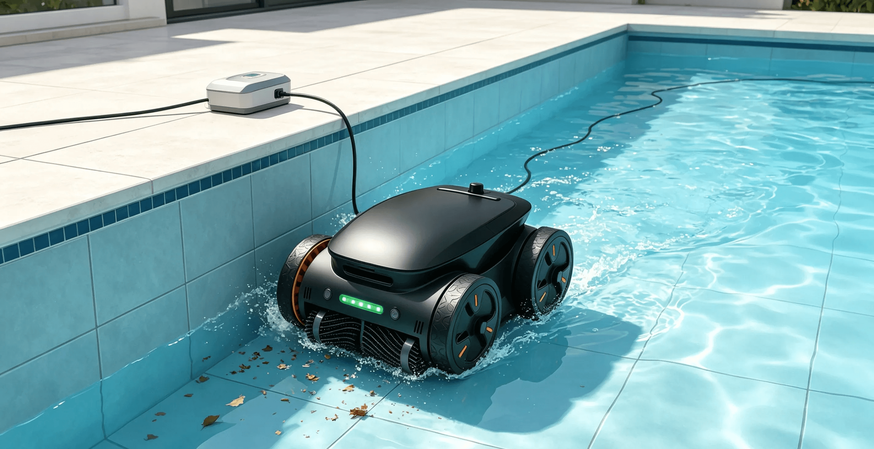 Corded robotic pool cleaner connected with a floating power cable in a swimming pool