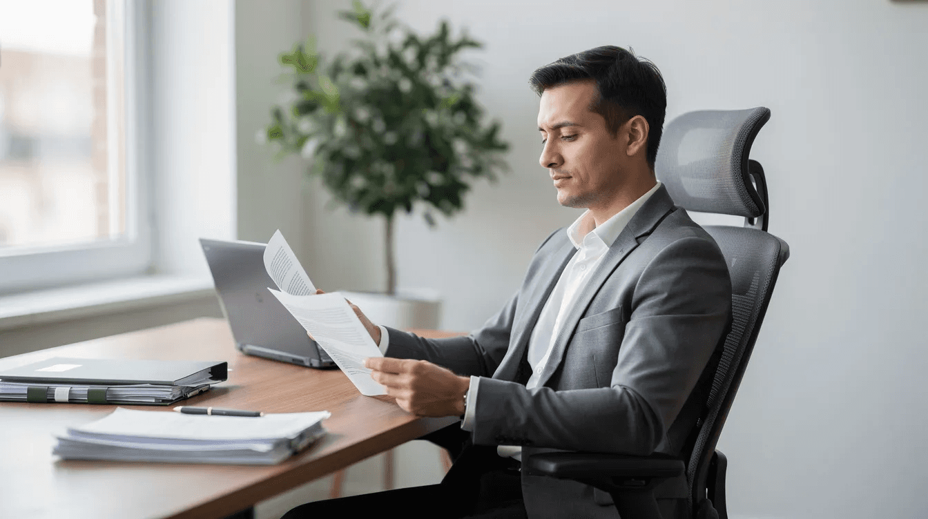 A person is sitting calmly in a peaceful office, reviewing documents related to their financial future and investment management. This setting reflects the importance of financial planning and informed decisions for managing newfound wealth and ensuring a diversified investment portfolio.