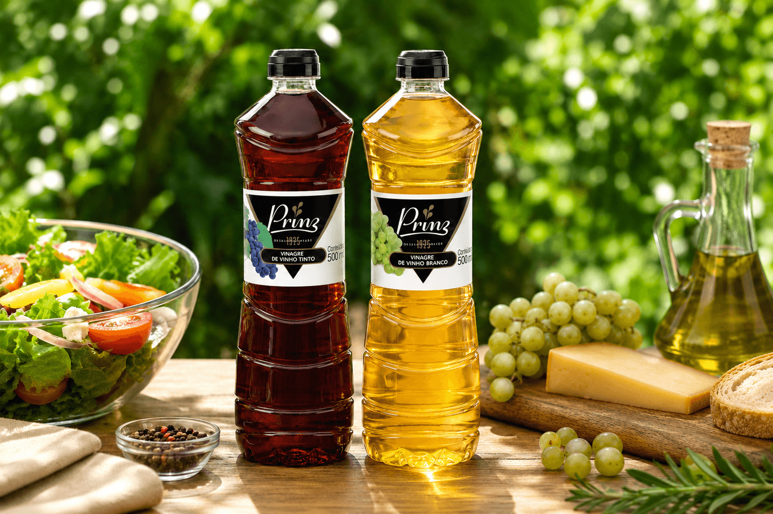 embalagens tradicionais dos vinagres de vinho tinto e vinho branco prinz em mesa com uvas, queijos e salada