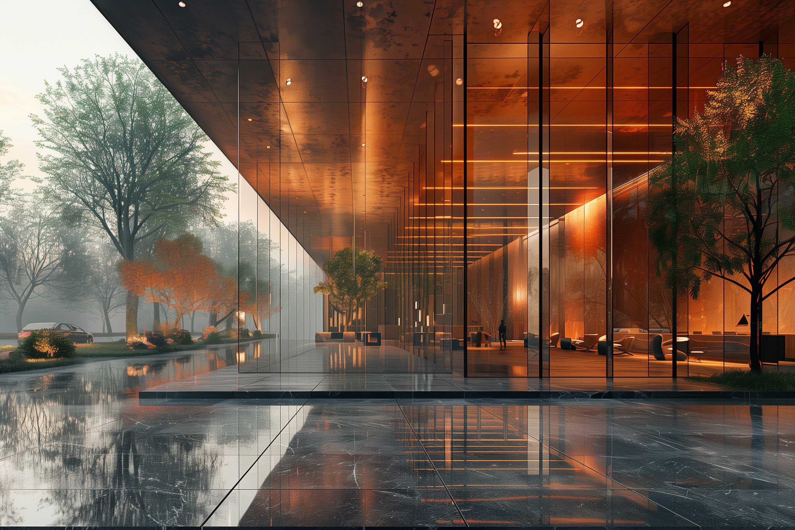Modern building with a sleek glass facade and illuminated orange lighting, reflecting on a polished surface, creating a futuristic and elegant atmosphere