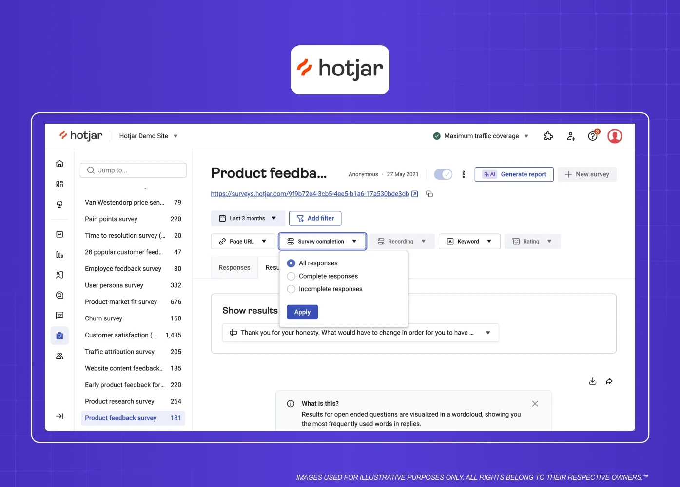 Product feedback dashboard displaying survey responses, filtering options, and customer insights.
