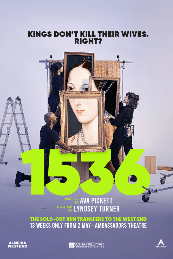 West End show "1536" production setup with crew handling a large portrait.