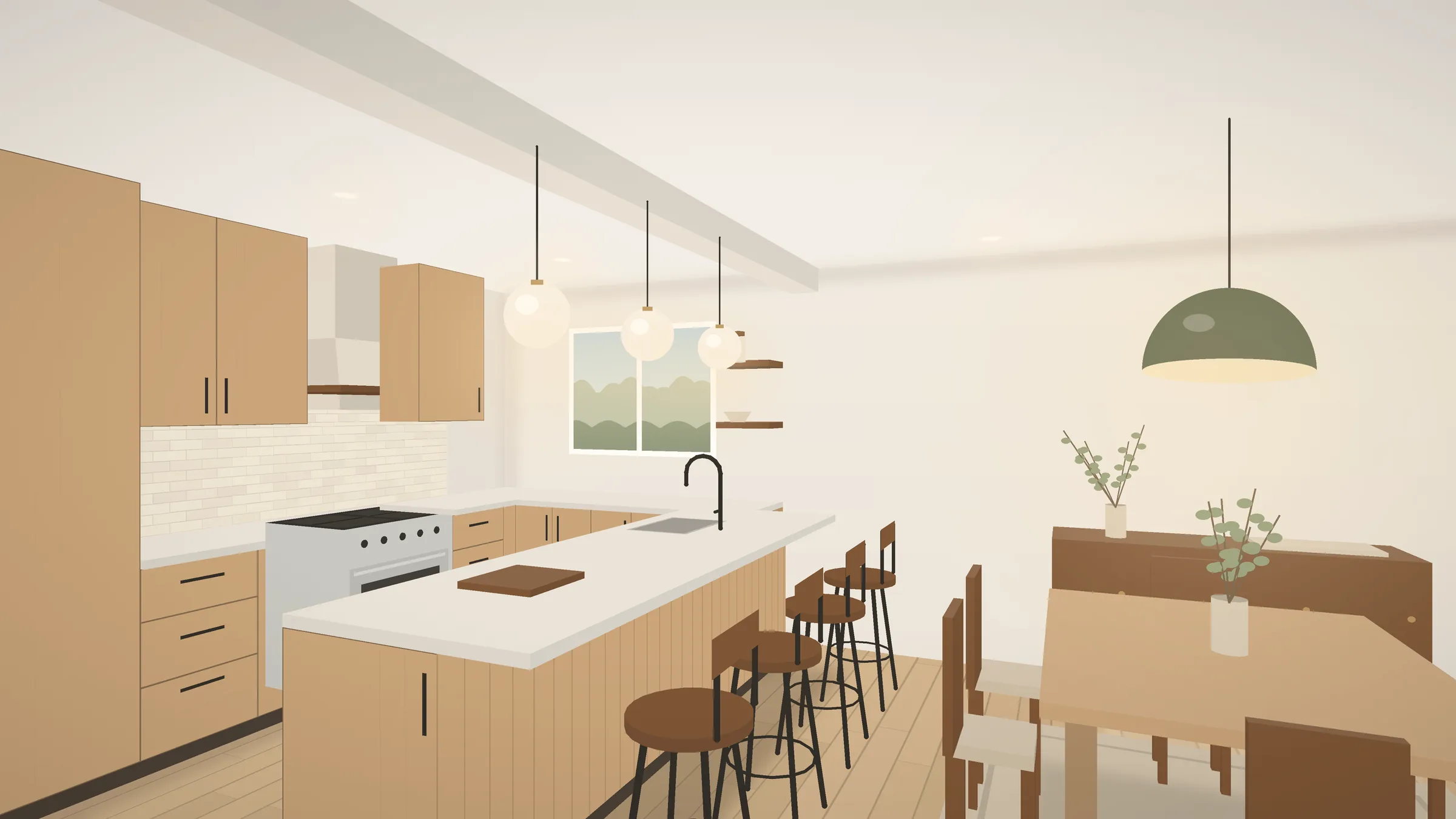 Open kitchen with a 9-foot island facing the dining room