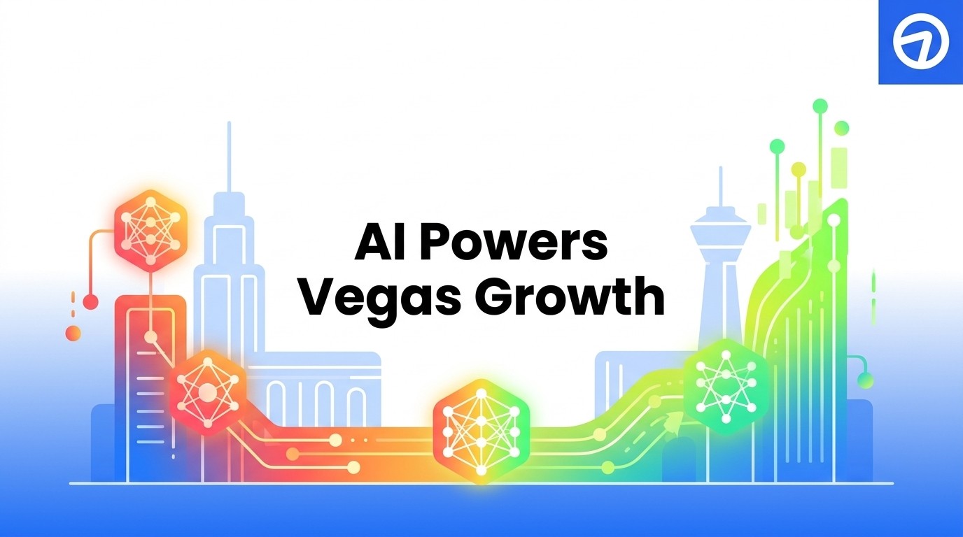 Stylized Las Vegas skyline with neural network icons and data flowing, text "AI Powers Vegas Growth".