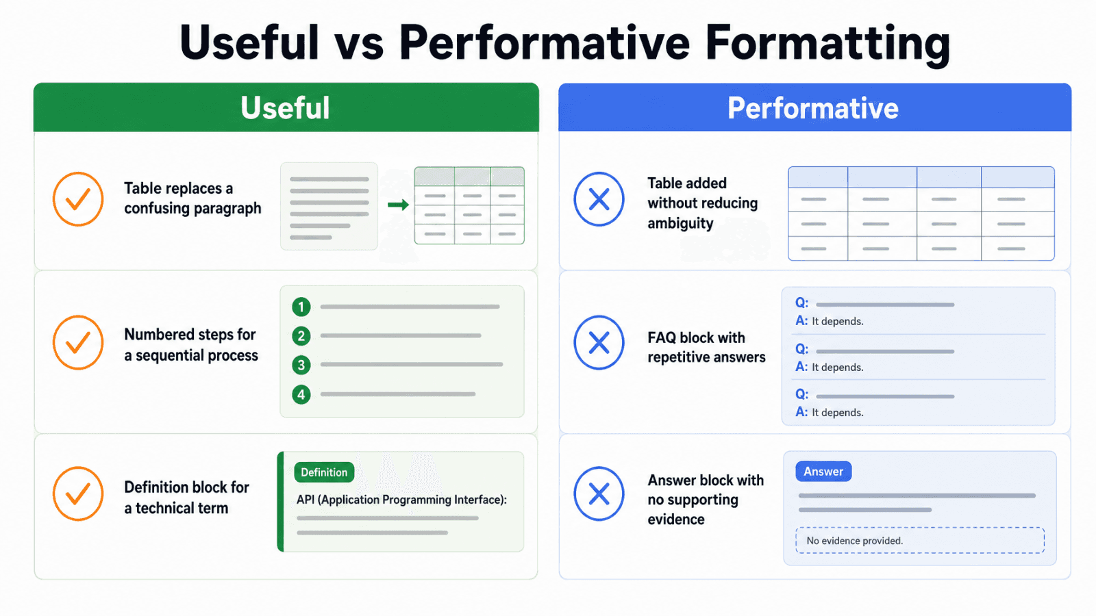 Useful versus performative content formatting comparison