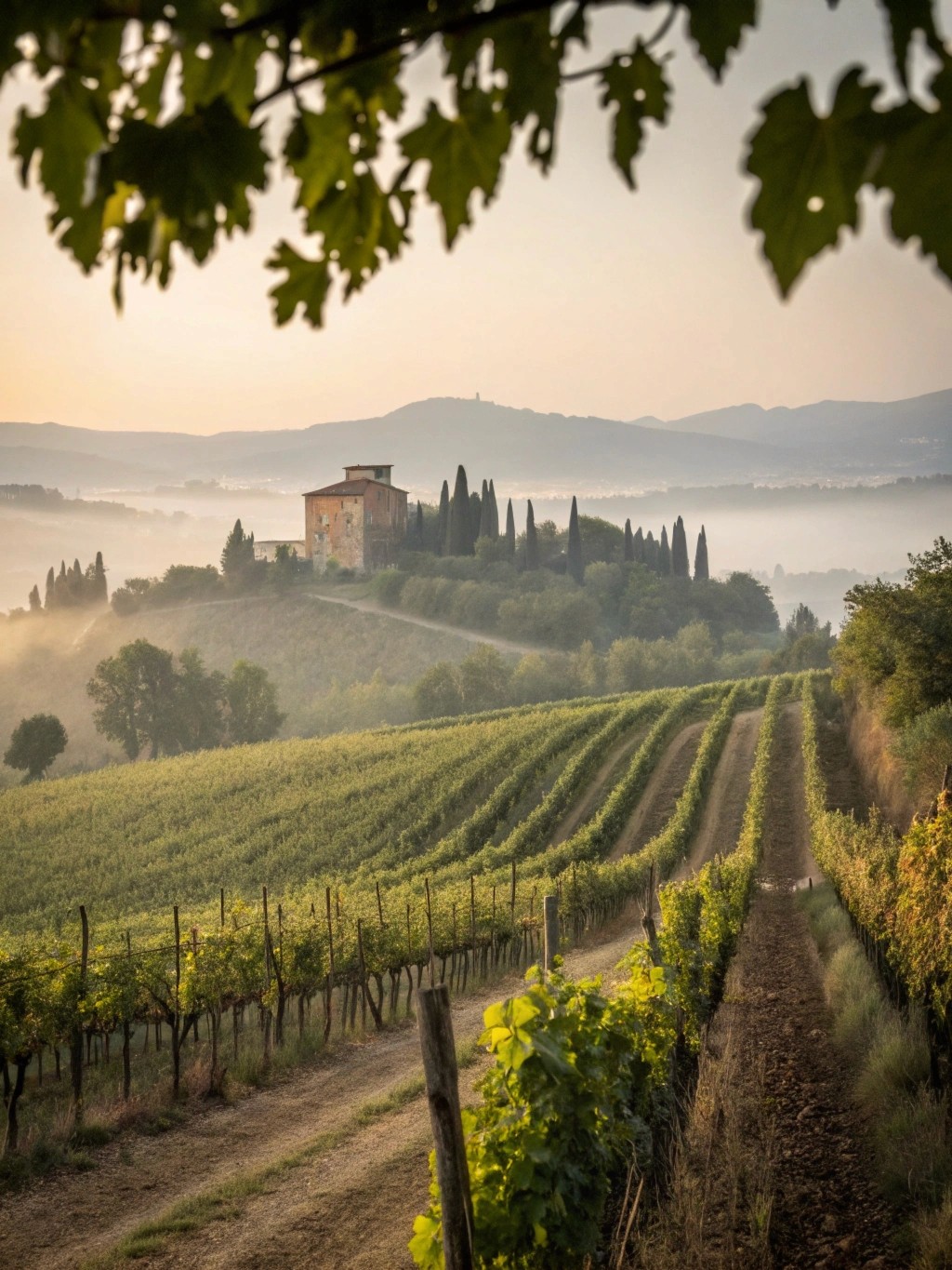 Vineyard rows under leafy foreground frame a Tuscan villa on a misty hill