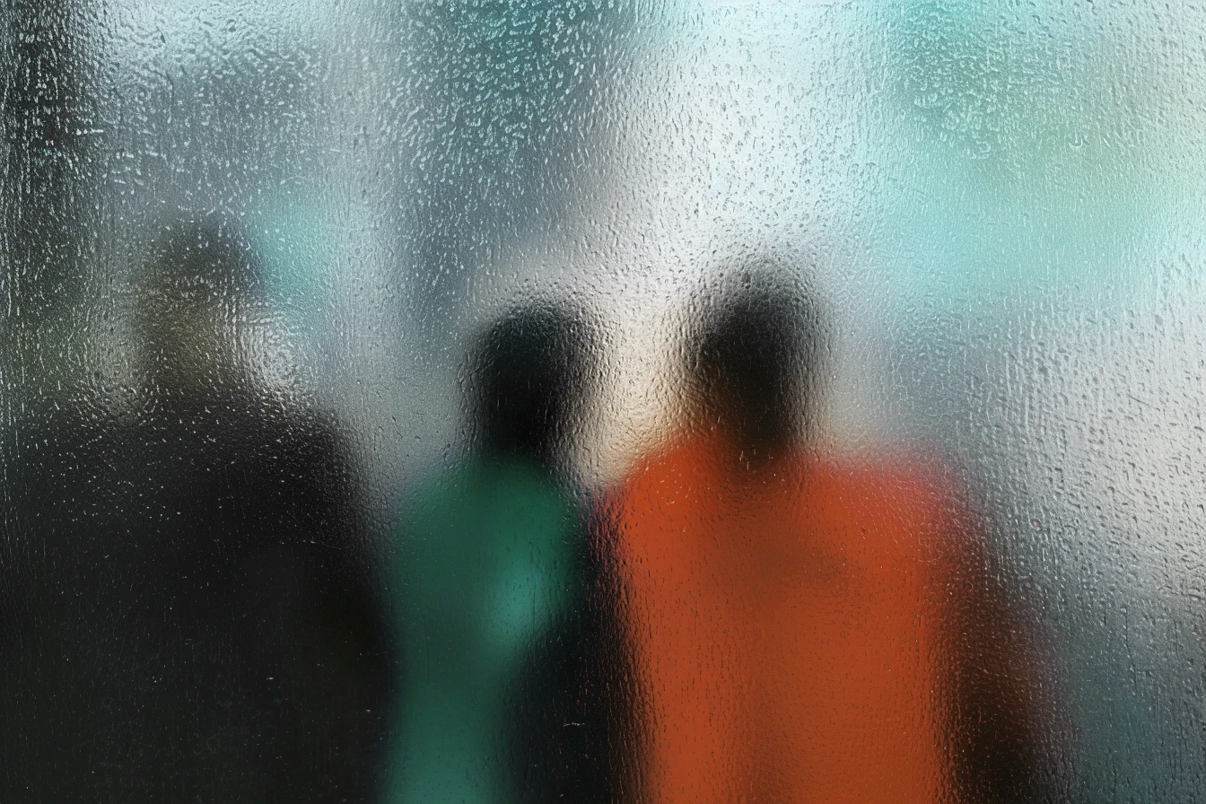 Three blurred human silhouettes are visible behind a rain-covered glass panel, one wearing a bright orange garment. The moisture on the glass distorts the figures, adding depth and mystery, symbolizing collective strategizing and the fusion of diverse viewpoints in strategy routines