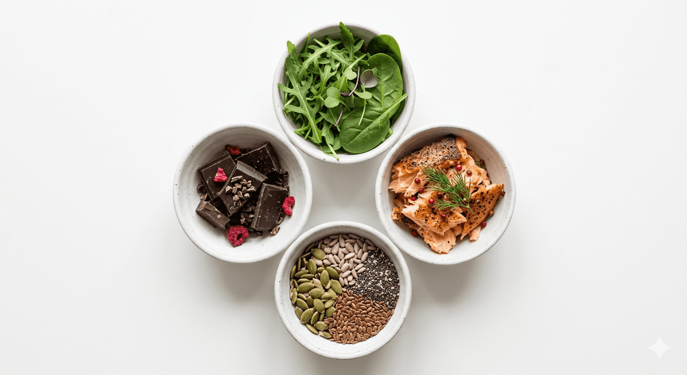 Four bowls of food arranged in a circle representing eating across menstrual cycle phases