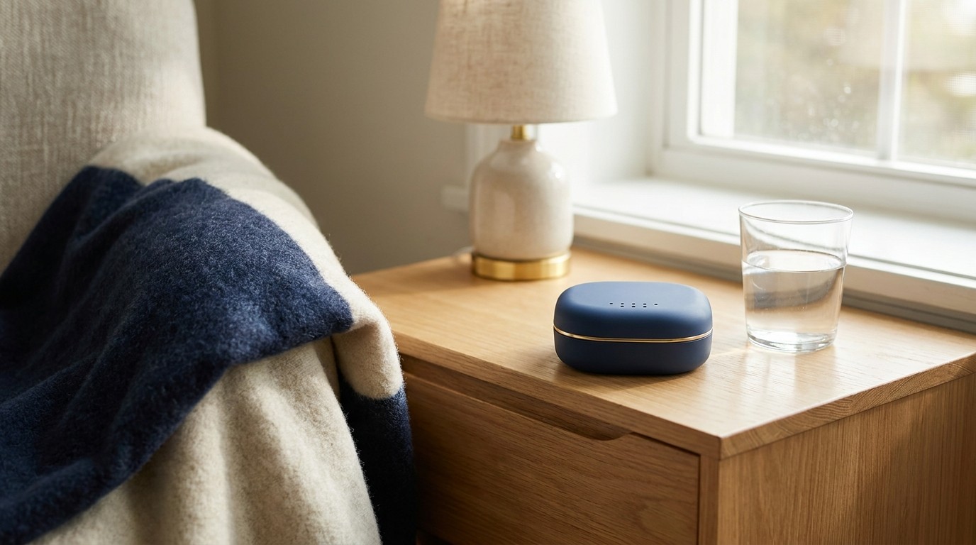 A vented night guard case on a calm bedside table next to a glass of water