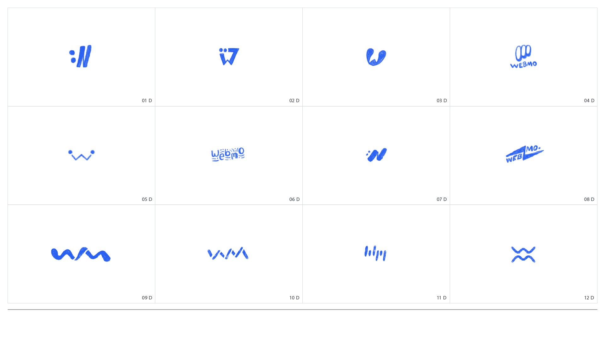 A grid of logo sketches for presentation to show Moin that were created in Procreate. 