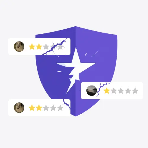 Bewertungscrasher Schild mit zerbrochenen Bewertungen