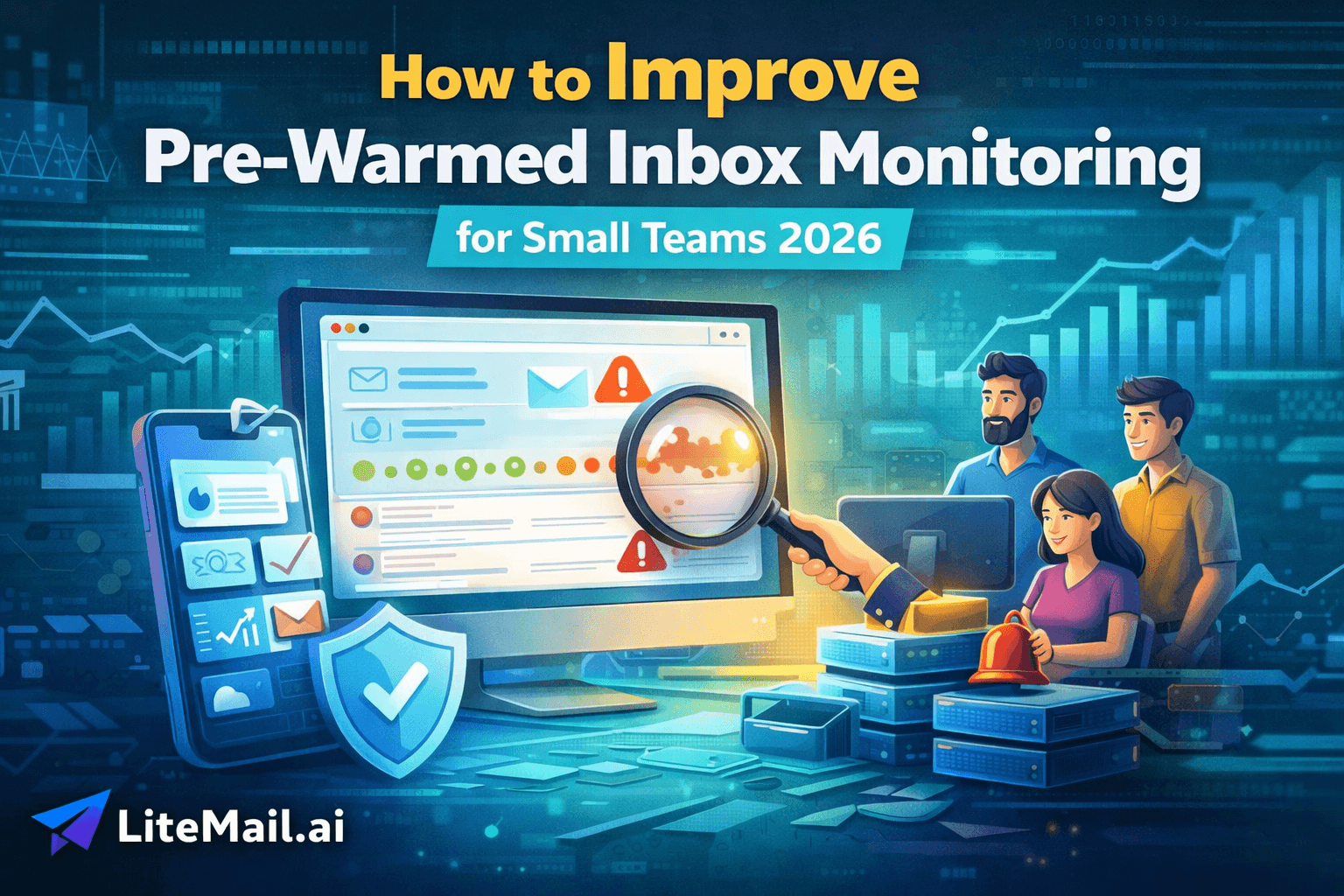 how pre-warmed inboxes improve cold email deliverability in 2026, featuring a laptop warming up email reputation, rising graph, envelopes with checkmarks, and a rocket symbolizing improved performance.