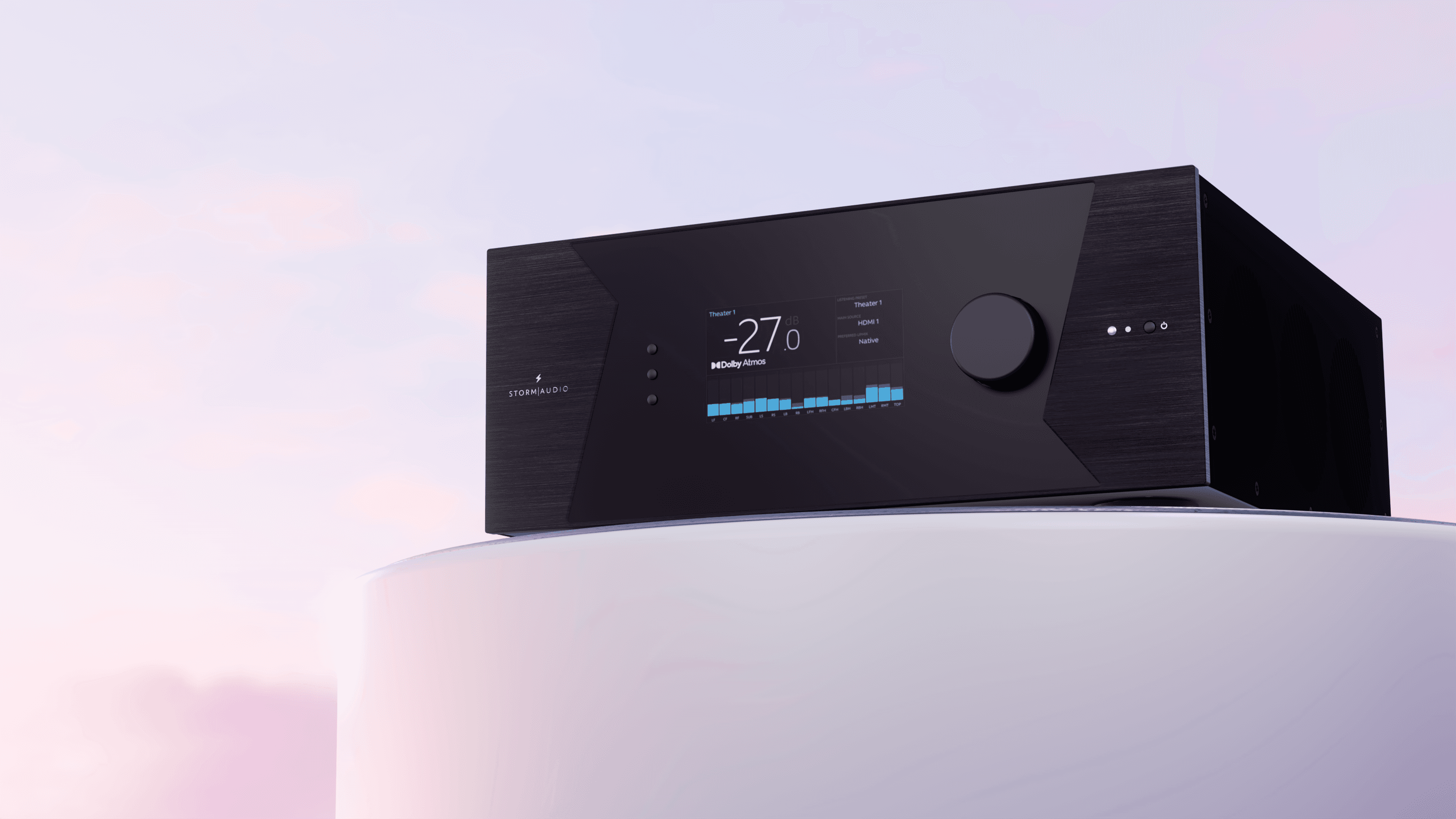 StormAudio AVR with displayed volume level and audio spectrum analysis.